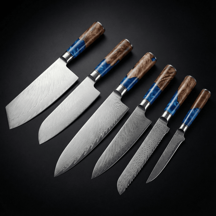 Japanese Damascus Style Knife Set Six Piece Sapphire Handle Series