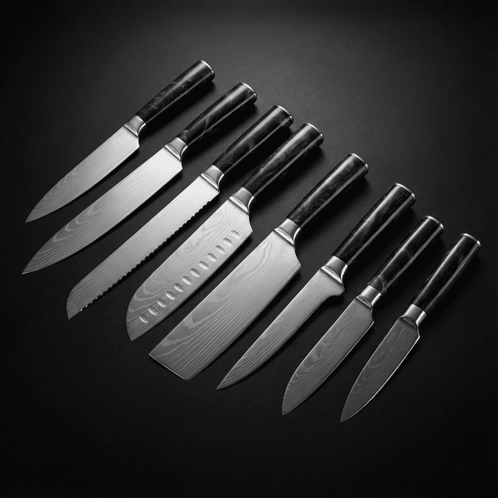 Japanese Damascus Style Knife Set Eight Piece Collection With Onyx Epoxy Handles