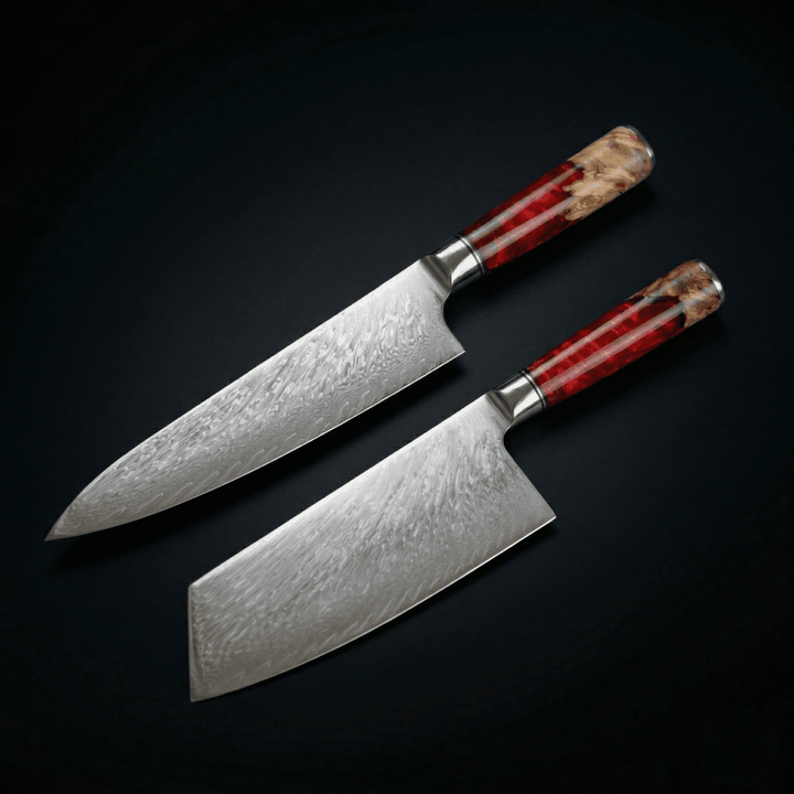 Damascus Shinku Knife Set 2 Piece Cleaver And Chef Knife With VG 10 Core