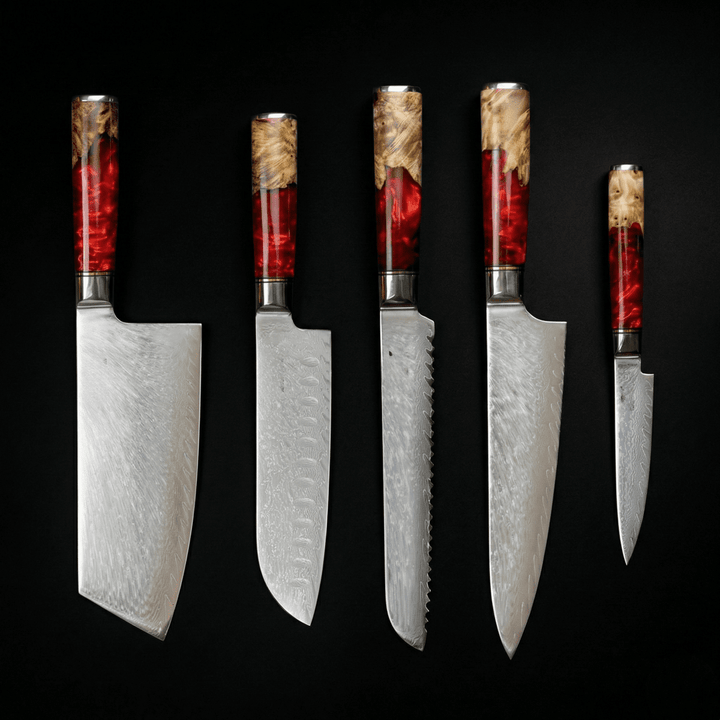 Damascus Nakama Shinku Knife Set 5 Piece Resin And Wood Handle Blades