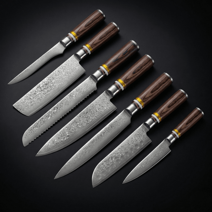 Japanese Damascus Knife Set 7 Piece Hardwood Handle Collection