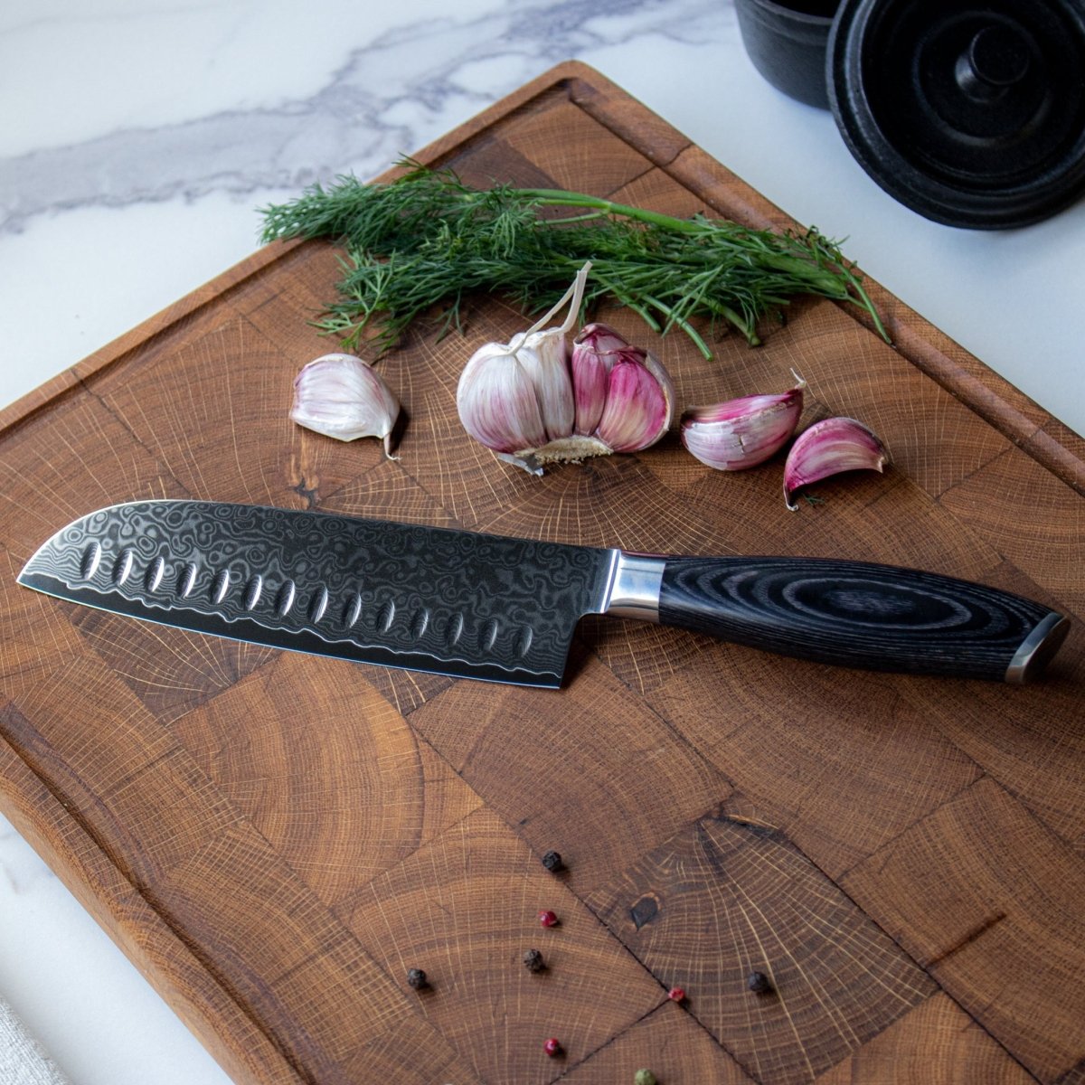 Japanese Style Santoku Knife | Layered Steel 18 cm Hollow Edge Blade