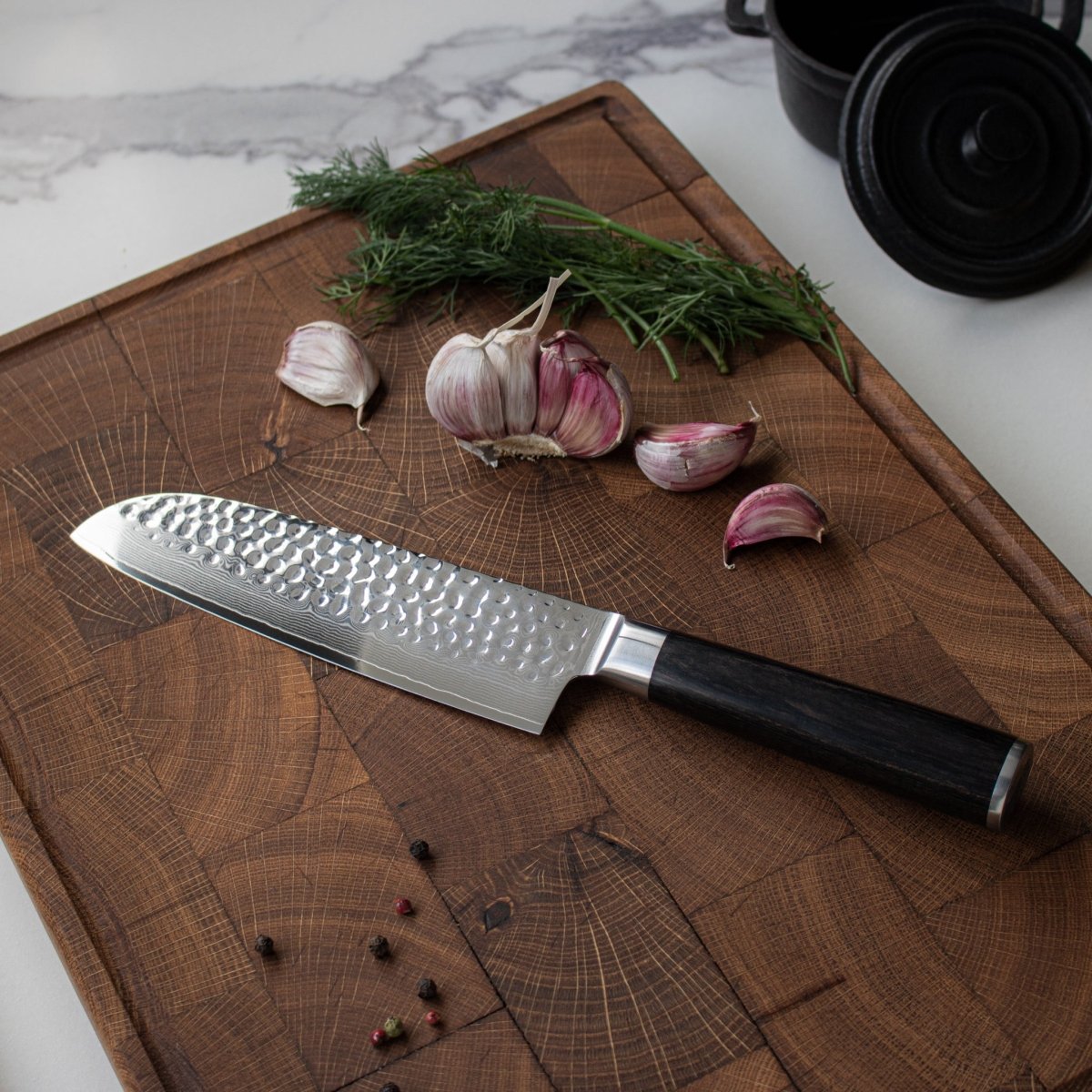 Japanese Style Hammered Santoku Knife | Layered Steel 18 cm Blade