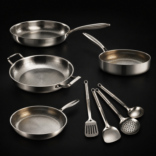 Hand-Hammered Titanium Family Set: 4 Pans & Utensils