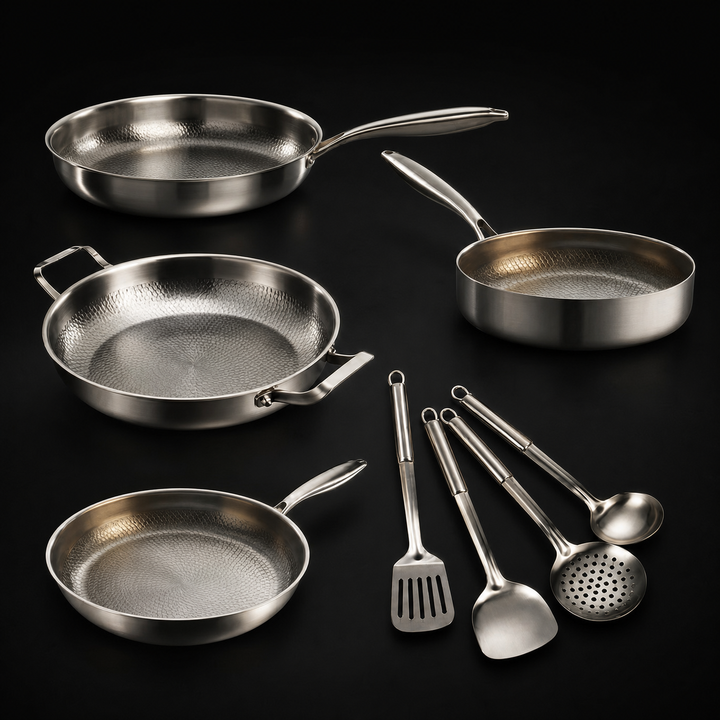 Hammered Titanium Cookware Set Four Pans and Utensil Set