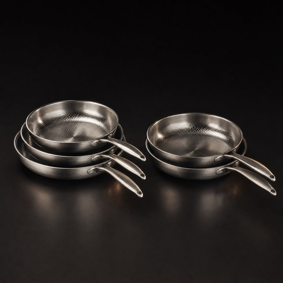 Hand-Hammered Titanium Frying Pan Bundle with 2 Lids (5 Sizes, 8–12 Inch)
