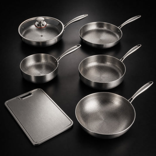 Hand-Hammered Titanium Multi-Pan Cook Set with Cutting Board (5 Pans, 8–10 Inch)