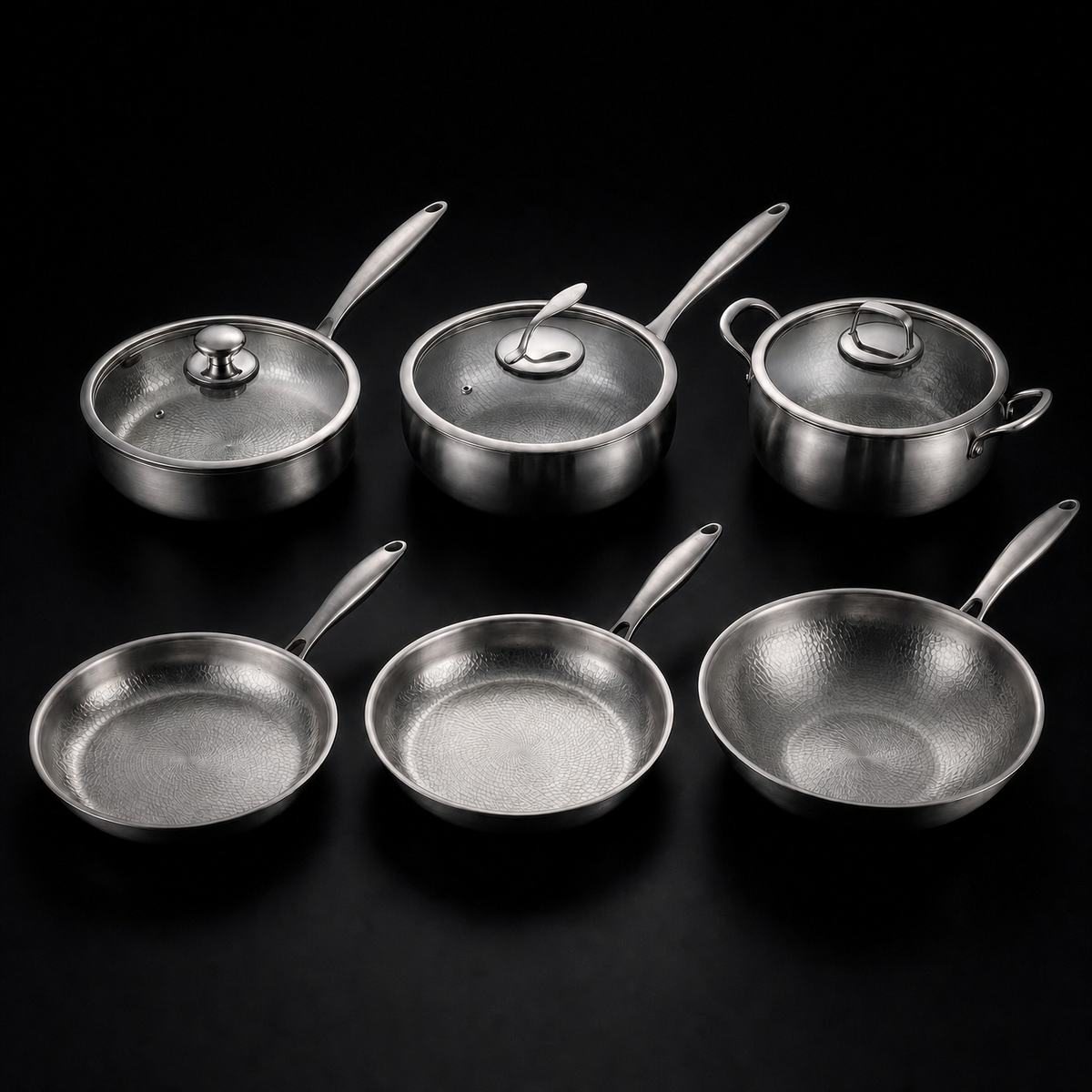 Hand-Hammered Titanium Complete Kitchen Set with 3 Lids (10, 11 & 12 Inch)