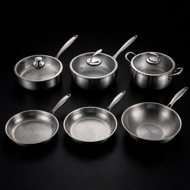 Hammered Titanium Kitchen Set with 3 Lids 25, 28 and 30 cm Uncoated Cookware