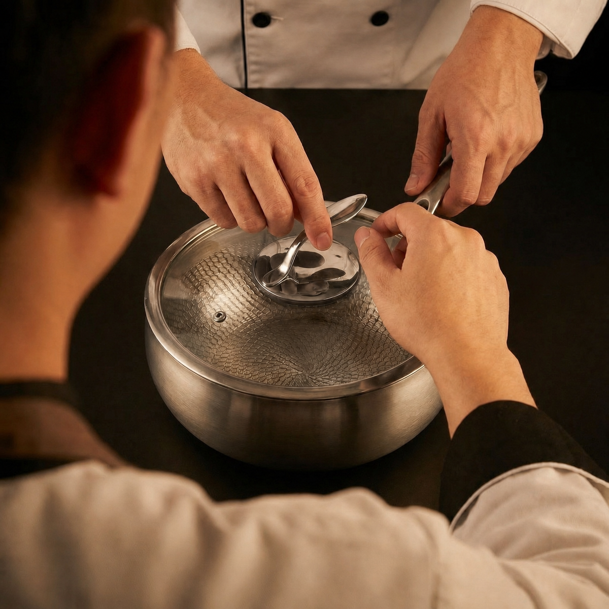 Hand-Hammered Titanium Pan & Sauté Set with Walnut Board and Utensils