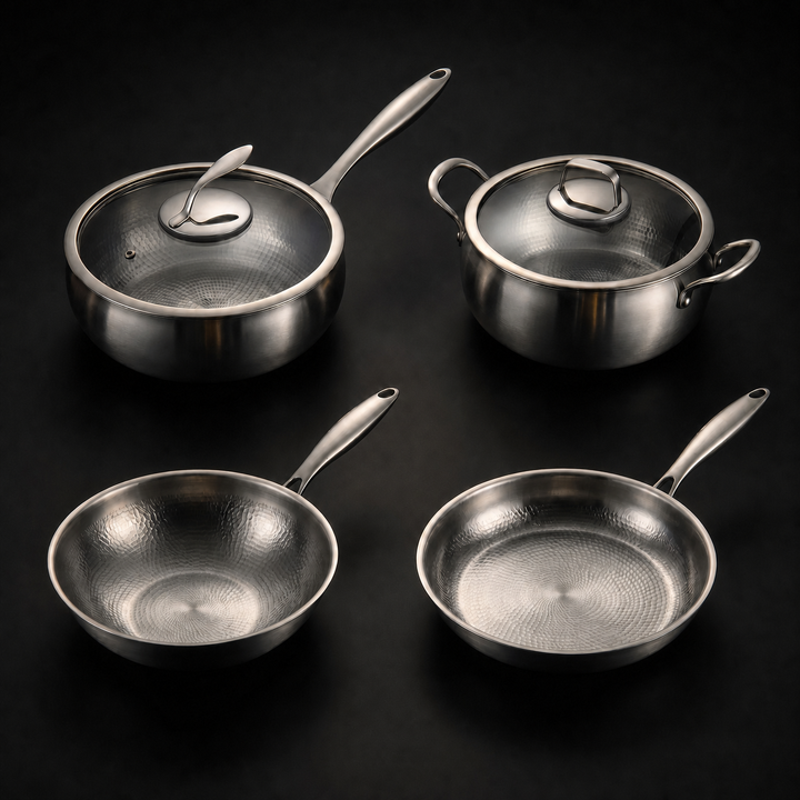 Hammered Titanium Kitchen Set with 2 Lids 25, 28 and 30 cm Uncoated Cookware