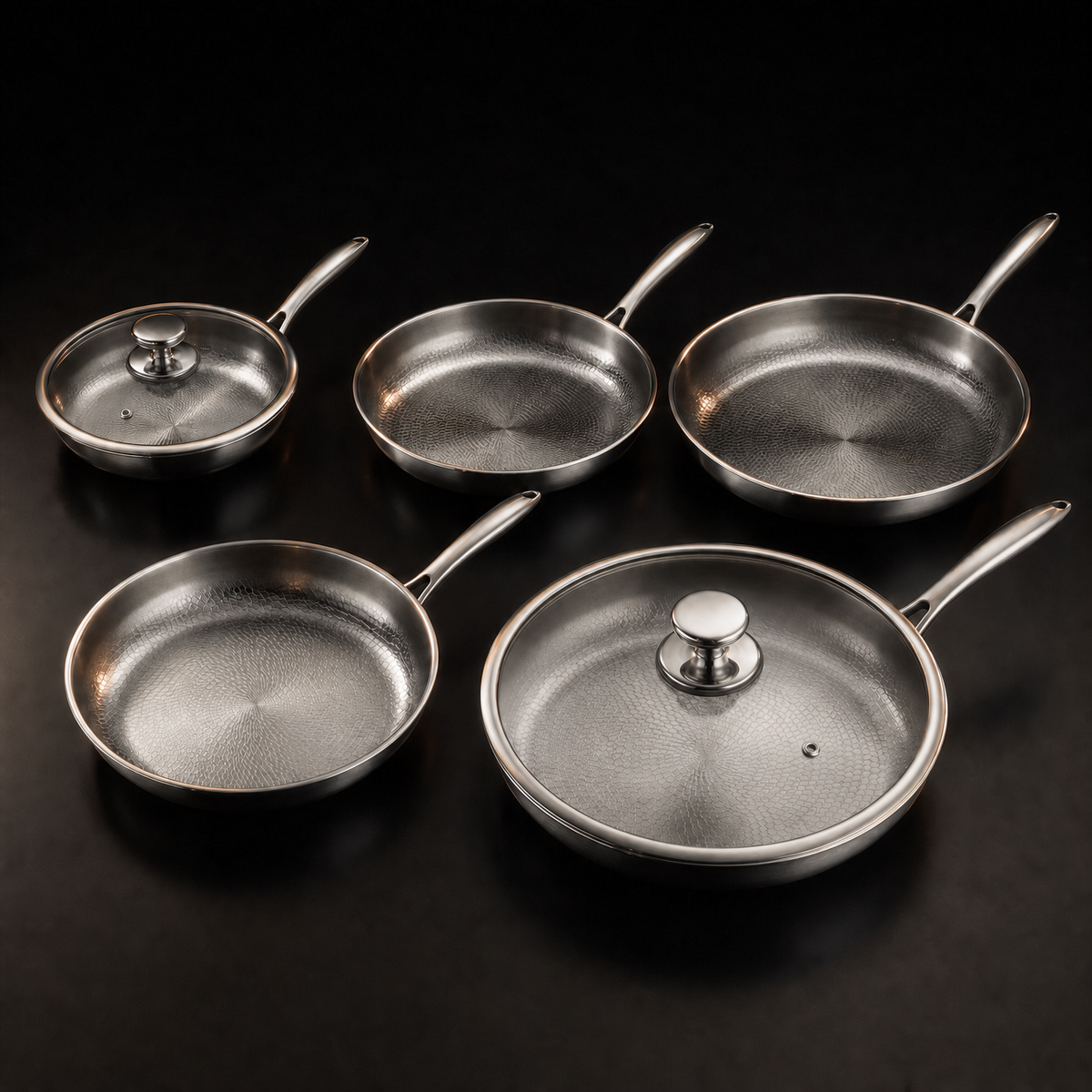 Hand-Hammered Titanium Frying Pan Bundle with 2 Lids (5 Sizes, 8–12 Inch)