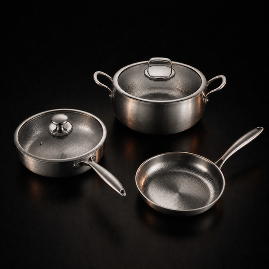 Hand-Hammered Titanium Premium Cooking Set with 2 Lids (8, 9 & 10 Inch)
