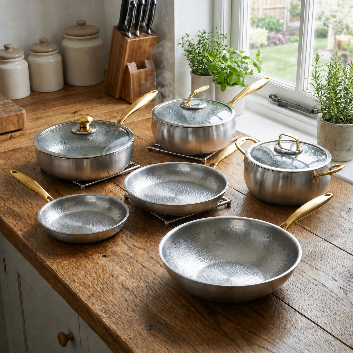 Hand-Hammered Titanium Complete Kitchen Set with 3 Lids (10, 11 & 12 Inch)  I Limited Edition