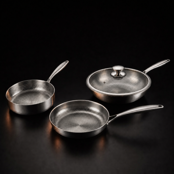 Hammered Titanium Stir Fry Set Three Uncoated Pans With One Lid