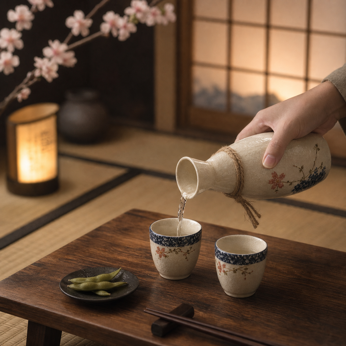 Japanese Sakura Ceramic Sake Flagon Sets