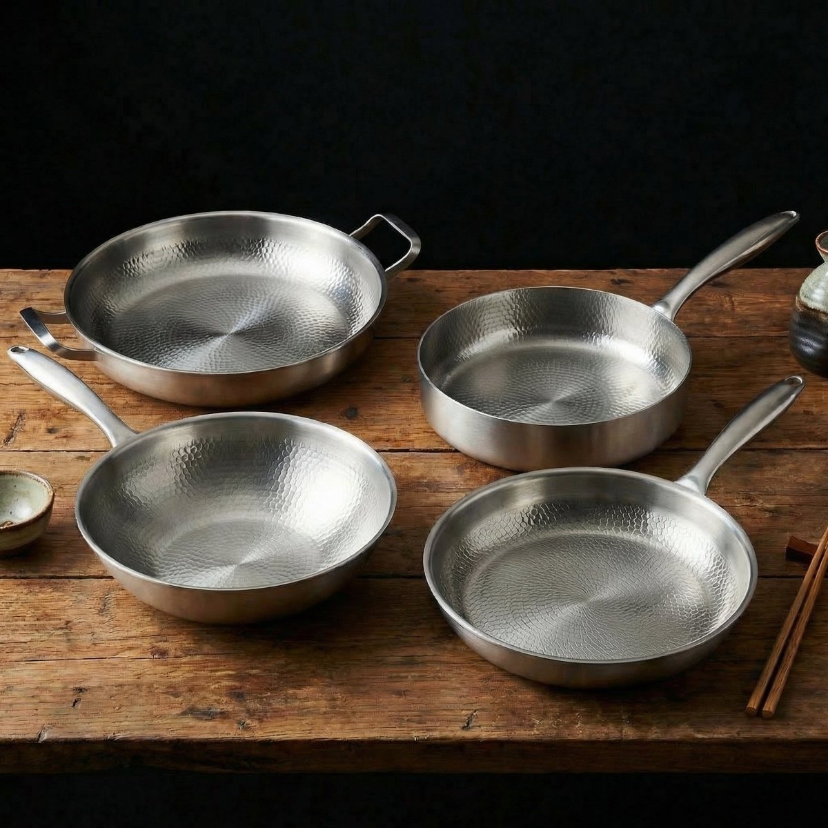 Hand-Hammered Titanium Family Set: 4 Pans & Utensils