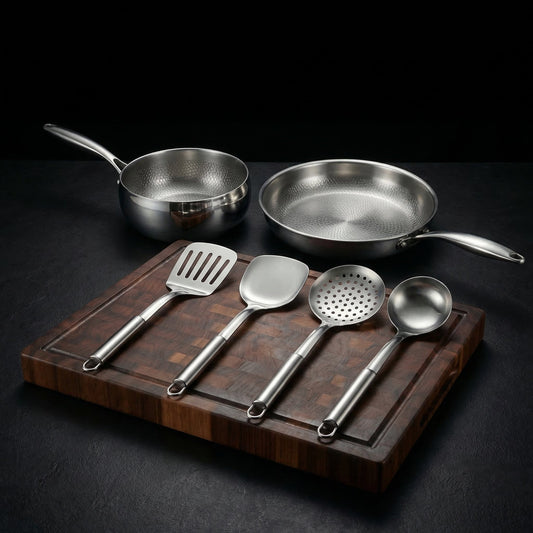 Hand-Hammered Titanium Pan & Sauté Set with Walnut Board and Utensils
