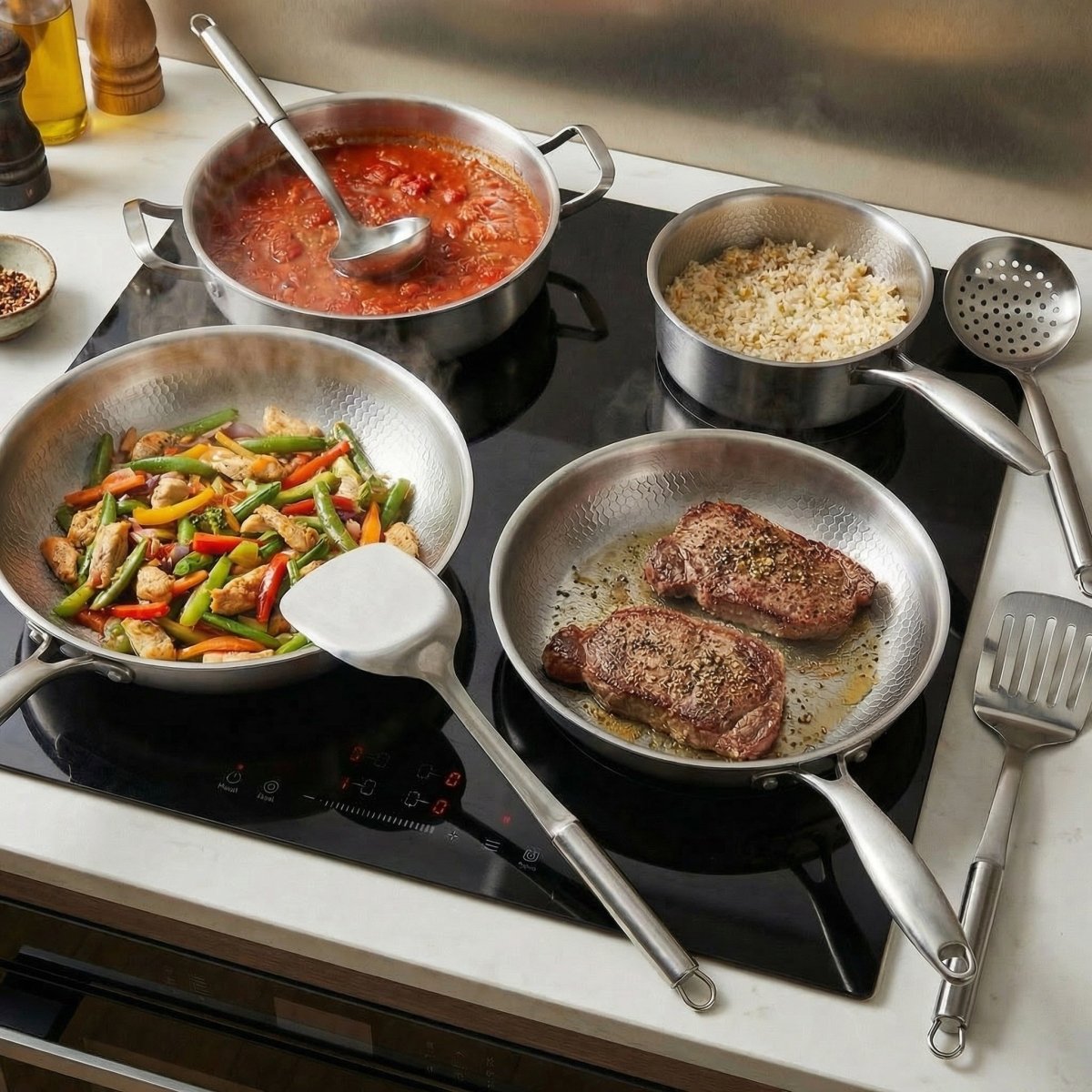 Hand-Hammered Titanium Family Set: 4 Pans & Utensils